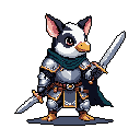 A pixelated pig knight stands ready for adventure, clad in detailed silver armor with striking gold accents. The determined mammal grips its sword, its teal scarf and green cape adding a touch of whimsy to its heroic pose.
