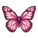 This pixel art image showcases a beautifully detailed butterfly in shades of pink and purple, its symmetrical wings spread wide in a moment of stillness. The monochromatic color palette and intricate wing patterns create a peaceful and delicate aesthetic.