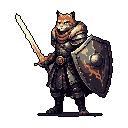 A pixel art image showcases a resolute fox warrior clad in detailed, dark armor, wielding a glowing sword and ornate shield. The anthropomorphic figure stands ready for battle, exuding quiet strength and a touch of fantasy charm.
