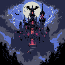 A gothic castle looms against a stormy night sky, topped by a large bat silhouetted against a full moon. The pixel art evokes a sense of dark fantasy and foreboding, with glowing windows hinting at hidden activity within.