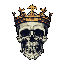 This pixel art image features a skull wearing an ornate crown, creating a striking juxtaposition of mortality and power. The retro style and somber color palette evoke themes of death, royalty, and enduring legacy.