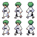 This pixel art showcases a young woman with green hair in a white kimono, animated in a walk cycle across six sprites. The character, set against a stark black background, evokes a retro-game aesthetic with a calm, purposeful stride.