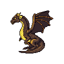 A young, stylized dragon with glowing eyes rests against a black background, exuding quiet power. The creature's brown scales are highlighted with vibrant yellow-orange accents, creating a mysterious and magical atmosphere.