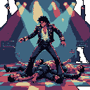 A pixelated Michael Jackson-esque figure in a black leather jacket stands triumphant over fallen dancers on a disco floor, highlighted by vibrant stage lights. His assertive pose and confident expression capture a moment of iconic performance dominance.