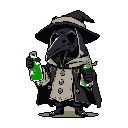 This pixel art features a chibi plague doctor holding glowing green potions, exuding a mysterious and slightly ominous charm. The dark attire contrasts sharply with the vibrant potions, creating a striking focal point.