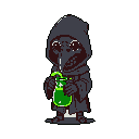 This pixel art features a chibi plague doctor, surprisingly cute despite the iconic mask, enjoying a bright green drink from a flask. The stark contrast of the dark robe and vibrant drink creates a uniquely charming and slightly eerie vibe.
