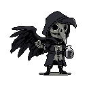 A stylized, chibi-like plague doctor with a prominent wing holds a dark bottle in this pixel art image. The monochromatic palette and bird-skull mask create a darkly intriguing and mysterious vibe.