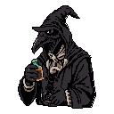 A mysterious pixel art plague doctor, cloaked in shadow, presents a vibrant vial, hinting at alchemy or medicine. The figure's intense gaze and bone-like adornments create a striking, ominous presence.