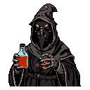 A mysterious, robed figure reminiscent of a plague doctor holds a vibrant red liquid, their bird-like mask and glowing eyes hinting at dark secrets. The pixel art style adds a retro touch to this ominous and captivating image.