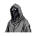 A mysterious, robed figure with glowing goggles and a beak-like mask stares intently, evoking a sense of ominous observation. The stark, monochromatic pixel art creates a striking image reminiscent of a plague doctor, shrouded in anonymity.