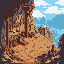 A rugged pixel art scene depicts a winding path through a mountain pass or ancient ruins. A towering cliff face or weathered wall anchors the left side, while a dynamic sky and distant mountains suggest a vast, peaceful wilderness. The earthy tones and detailed pixel work evoke a sense of forgotten history and natural beauty.