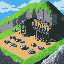 This pixel art depicts a decaying mine entrance carved into a grey mountainside, hinting at a history of industry and exploration. Rocks litter the sandy ground before the mine, suggesting excavated ore or debris.
