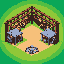 This pixel art depicts a rustic campsite with a wooden pergola sheltering tables and a central campfire ring. The scene evokes a peaceful, ready-to-use gathering space nestled in a grassy, natural environment.