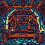 This pixel art image showcases a decaying, tunnel-like archway constructed from dark orange and brown beams, creating a somber and mysterious atmosphere. The detailed architecture evokes a sense of forgotten history and draws the eye into the depths of the structure.