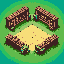 This pixel art depicts an isometric garden plot with a central patch of earth surrounded by four raised planters. Hints of green growth cling to the planters, creating a simple yet serene agricultural scene.