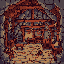 This pixel art depicts a weathered wooden archway within a rustic, stone-walled structure, evoking a sense of age and quiet desolation. The muted, earthy color palette and dim lighting create a contemplative and melancholic atmosphere.