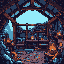 This pixel art depicts a cluttered workshop interior, dominated by a bright opening that hints at the world outside. The scene evokes a sense of quiet industry and forgotten spaces, inviting contemplation on the purpose of the tools and objects within.