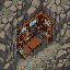 This pixel art depicts a decaying, half-submerged wooden shack from an isometric view. Its fragmented roof and watery interior evoke a sense of abandonment and quiet desolation. The earthy color palette highlights the structure's dilapidated state.