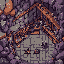 This pixel art depicts a stylized bat hanging upside down in a dark, cave-like setting. Muted colors and dense detailing evoke a sense of quiet observation, highlighting the hidden creature in its natural habitat.