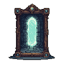 A mystical pixel art portal shimmers with vibrant light within an ornate, ancient frame, hinting at a passage to another dimension. The glowing gateway stands against a dark, stony cavern, promising both wonder and the unknown.
