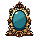 This pixel art showcases an ornate, antique mirror with a lavishly decorated gold frame and a mysterious teal-blue reflective surface. Its elegant design and intricate details evoke a sense of fantasy and old-world charm.