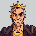 This pixel art portrait features a confident, older king with a golden crown and a mischievous smirk. His regal attire and grey hair hint at a long reign, while his dark eyes suggest a cunning mind.
