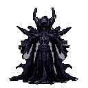 This pixel art showcases a formidable dark lord or demonic entity, its imposing armored form and shadowed face radiating ominous power. The intricate design and dark palette evoke a sense of dread, hinting at a character of immense, possibly corrupted, strength.