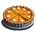 This pixel art image showcases a delicious pumpkin pie, complete with whipped cream dollops and one slice missing, hinting at a tasty treat already enjoyed. The warm colors and retro style evoke a feeling of cozy nostalgia.