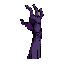 A gnarled, purple hand with sharp claws emerges from the darkness, reaching upwards in a gesture of pain or predation. This pixel art piece evokes a sense of dread and decay with its limited, somber color palette and focus on the isolated, spectral limb.
