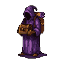 A mysterious robed figure, face hidden in shadow, stands with a carefully held ornate chest, suggesting a traveler on a quest or guarding a precious discovery. The pixel art's muted purples and browns evoke a sense of ancientness and intrigue.