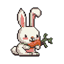 This charming pixel art depicts a happy white rabbit, rosy-cheeked and contentedly munching on a carrot. Its simple design and joyful expression create a peaceful and endearing image.