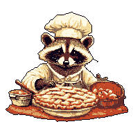 A pixel art raccoon chef, set against a black background, diligently prepares a golden-brown pie with various ingredients. The warm color palette and detailed depiction evoke a cozy and nostalgic feeling of homely baking.