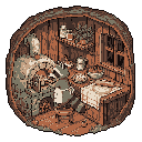 Inside a cozy tree hollow, a charming raccoon wearing an apron diligently bakes or forges by a rustic oven, surrounded by the tools and ingredients of its craft. The warm, earthy tones and detailed domestic scene evoke a feeling of peaceful industry and simple pleasures.