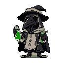 A stylized pixel art plague doctor presents two glowing green potions, their hunched posture hinting at weariness despite the readiness in their symmetrical arm positions. The figure's dark attire and beak-like mask contrast with the vibrant vials, creating a captivating blend of historical dread and alchemical intrigue.