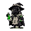 A pixelated plague doctor or alchemist presents a glowing green potion, radiating mystery and a hint of magic. The figure's dark attire and obscured face create an enigmatic and ominous atmosphere, intensified by the vibrant contrast of the potion.