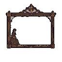 A solitary figure in dark robes sits within the lower corner of an ornate, weathered frame, gazing into the empty space within. The pixel art evokes a sense of quiet contemplation and antique charm.