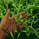 A pixel art image showcases a gentle hand carefully cradling a vibrant four-leaf clover. The simple act evokes a sense of tranquility and the quiet wonder of finding such a rare treasure.