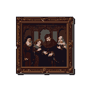 This pixel art portrait depicts a solemn family or group of figures in a classical style, their formal poses and dark attire evoking a sense of historical gravitas. The interaction between the central figures forms a focal point within the ornate, framed scene.