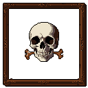 This pixel art memento mori features a beige skull and crossbones framed in ornate, dark brown detailing. The stark contrast against the black void emphasizes the solemn contemplation of mortality within this retro, digital antique.
