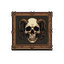 This pixel art portrait features a ram-horned skull, framed in ornate detail. The somber and monochromatic palette lends a classic, slightly ominous vibe, evoking themes of mortality.
