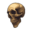 This pixel art image presents a detailed and somber depiction of a human skull, rendered in muted earthy tones against a stark black background. The cracked cranium and visible teeth emphasize the macabre realism of this study in mortality.