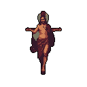 This pixel art depicts a stylized Jesus Christ figure in a crucifixion-like pose, haloed and draped in simple fabrics. The muted color palette and stark black background create a solemn and contemplative mood, emphasizing the subject's isolation and iconic nature.