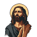This pixel art portrait depicts a contemplative Jesus Christ with a solemn expression and a subtle halo. The warm, muted color palette and detailed shading evoke a sense of reverence and nostalgic spirituality.