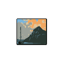 This pixel art depicts a serene landscape featuring a dark mountain reflected in calm water, punctuated by a tall, slender structure on the horizon. The muted colors and soft, blocky clouds evoke a peaceful and contemplative mood at dawn or dusk.