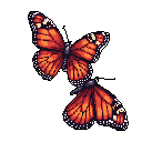 Against a stark black backdrop, two vibrant monarch butterflies, rendered in detailed pixel art, take center stage. One butterfly hovers with outstretched wings, while the other appears to be gracefully landing, their orange wings glowing with delicate detail. The image evokes a sense of fleeting elegance and natural beauty.