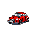 This pixel art image features a vibrant red, classic-style car, reminiscent of a VW Beetle, rendered in a clean, retro aesthetic. The bold color palette and simple design evoke a sense of nostalgia, highlighting the car's iconic form.