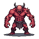 This pixel art showcases a menacing, red-skinned demon with glowing eyes and decaying flesh, poised for attack. Its muscular build and snarling expression create an ominous and powerful presence.
