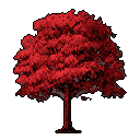 This pixel art showcases a vibrant, stylized red tree with a full canopy, its bold color and simple form creating an iconic and striking image. Against a stark black background, the solitary tree evokes a sense of digital charm and perhaps a touch of autumnal beauty.