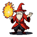 This pixel art image showcases a powerful, elderly wizard in a dynamic pose, conjuring a swirling fiery spell. His red robes and long white beard further emphasize his magical prowess.