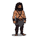 This pixel art showcases a stoic, muscular barbarian with a braided beard, radiating strength and resilience. The character's earthy tones and resolute expression evoke a sense of primal power. He stands ready against a stark black void, highlighting his imposing presence.